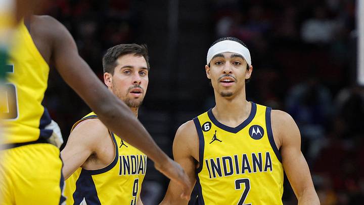 Nov 18, 2022; Houston, Texas, USA; Indiana Pacers guard Andrew Nembhard (2) reacts after scoring during the fourth quarter against the Houston Rockets at Toyota Center. Mandatory Credit: Troy Taormina-USA TODAY Sports