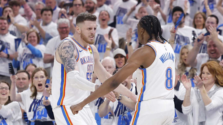 Apr 20, 2025; Oklahoma City, Oklahoma, USA; Oklahoma City Thunder center Isaiah Hartenstein (55) and forward Jalen Williams (8) celebrate against the Memphis Grizzlies during the second quarter at Paycom Center. Mandatory Credit: Alonzo Adams-Imagn Images