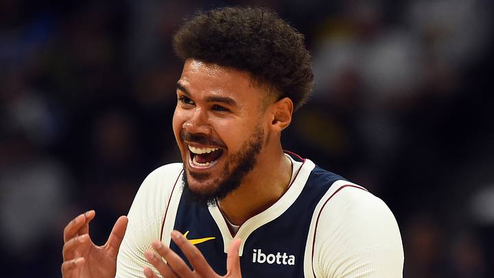 Oct 25, 2025; Denver, Colorado, USA; Denver Nuggets forward Cameron Johnson (23) reacts after being called for a foul during the first half against the Phoenix Suns at Ball Arena. Mandatory Credit: Christopher Hanewinckel-Imagn Images