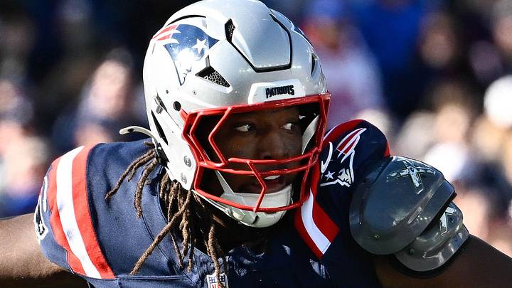 Nov 2, 2025; Foxborough, Massachusetts, USA; New England Patriots center Jared Wilson (58) in coverage during the first half against the Atlanta Falcons at Gillette Stadium. Mandatory Credit: Eric Canha-Imagn Images