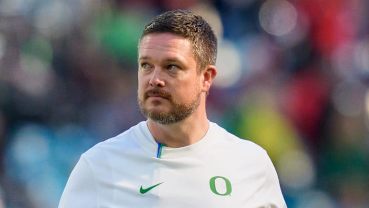 Oregon head coach Dan Lanning walks the field during warmups as the Oregon Ducks take on the Texas Tech Red Raiders in the Orange Bowl on Jan. 1, 2026, at Hard Rock Stadium in Miami, Florida.