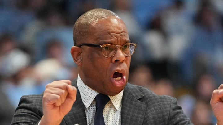 Feb 14, 2026; Chapel Hill, North Carolina, USA; North Carolina Tar Heels head coach Hubert Davis reacts in the first half at Dean E. Smith Center. Mandatory Credit: Bob Donnan-Imagn Images