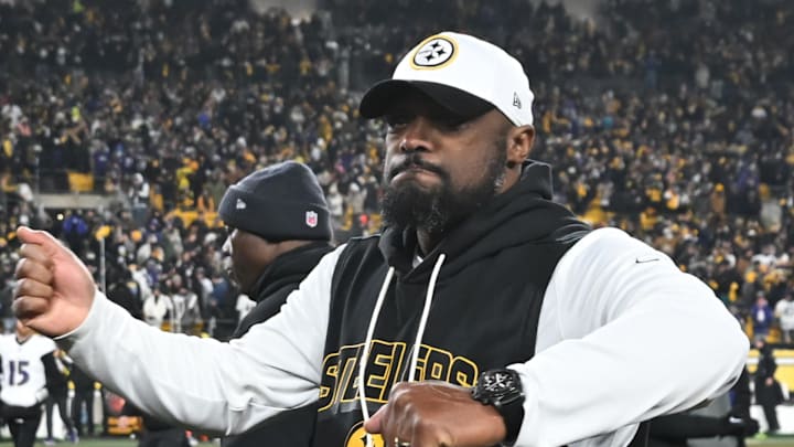 Jan 4, 2026; Pittsburgh, Pennsylvania, USA; Pittsburgh Steelers head coach Mike Tomlin celebrates after defeating the Baltimore Ravens at Acrisure Stadium. Mandatory Credit: Barry Reeger-Imagn Images