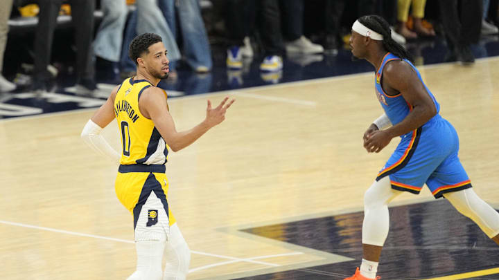 Indiana Pacers guard Haliburton reacts after making a three against the Oklahoma City Thunder during the 2025 NBA Finals at Gainbridge Fieldhouse. 