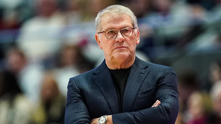 Feb 1, 2026; Hartford, Connecticut, USA; UConn Huskies head coach Geno Auriemma watches from the sideline as they take on the Tennessee Volunteers at PeoplesBank Arena. Mandatory Credit: David Butler II-Imagn Images