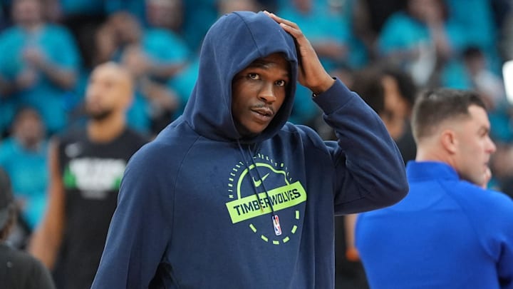 May 4, 2026; San Antonio, Texas, USA; Minnesota Timberwolves guard Anthony Edwards (5) gets ready for warmups before game one of the second round of the 2026 NBA Playoffs against the San Antonio Spurs at Frost Bank Center. Mandatory Credit: Daniel Dunn-Imagn Images