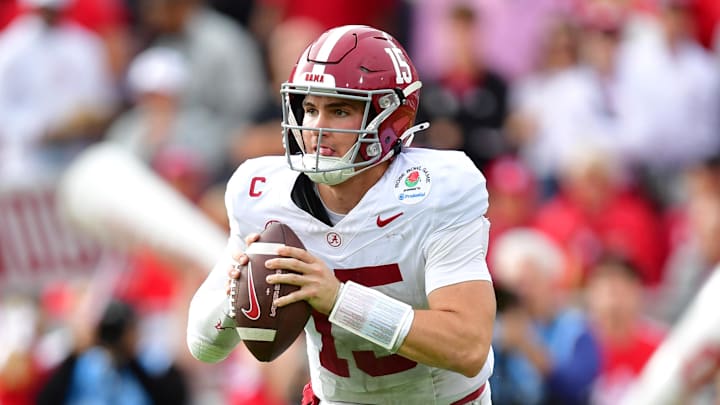 Jan 1, 2026; Pasadena, CA, USA; Alabama Crimson Tide quarterback Ty Simpson (15) looks to pass against the Indiana Hoosiers in the first half of the 2026 Rose Bowl and quarterfinal game of the College Football Playoff at Rose Bowl Stadium. Mandatory Credit: Gary A. Vasquez-Imagn Images