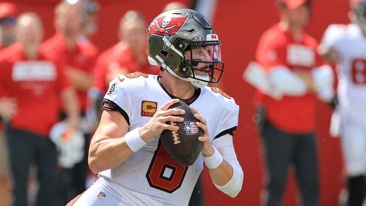 Sep 20, 2026; Tampa, Florida, USA;  Tampa Bay Buccaneers quarterback Baker Mayfield (6) looks to pass during the second half against the Cleveland Browns at Raymond James Stadium.  Mandatory Credit: Kim Klement Neitzel-Imagn Images