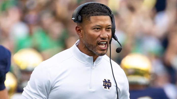 Sep 20, 2025; South Bend, Indiana, USA; Notre Dame Fighting Irish head coach Marcus Freeman celebrates a turnover by the defense against the Purdue Boilermakers during the first half at Notre Dame Stadium. 