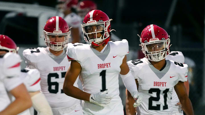 Brophy Prep wide receiver Devin Fitzgerald (1) takes the field with his team during a game at Centennial High School on Sept. 13, 2024.
