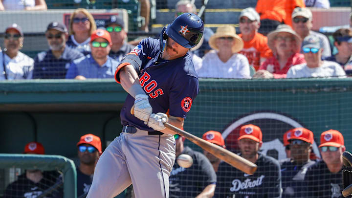 Feb 26, 2024; Lakeland, Florida, USA; Houston Astros designated hitter Jacob Melton (76) bats during the third inning against the Detroit Tigers at Publix Field at Joker Marchant Stadium. 