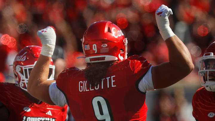 Louisville's Ashton Gillotte celebrates getting a sack against Boston College Saturday afternoon in L & N Stadium.Sept. 23, 2023