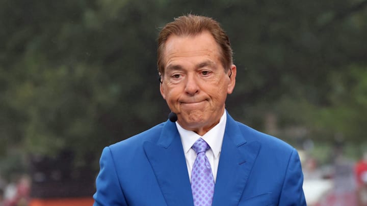Nick Saban is on stage at ESPN College GameDay ahead of the University of Oklahoma-Michigan College football game on Sept 6, 2025 in Norman.