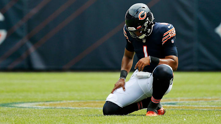 Former Chicago Bears quarterback Justin Fields (1) reacts after a play against the Buffalo Bills during the second half at Soldier Field. The Buffalo Bills won 41-15.