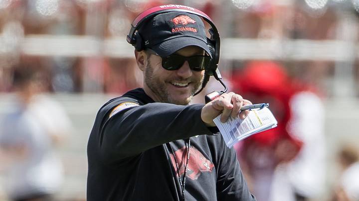 Arkansas Razorbacks coach Ryan Silverfield points during the spring game at Razorback Stadium. Arkansas Razorbacks coach Ryan Silverfield points during the spring game at Razorback Stadium.