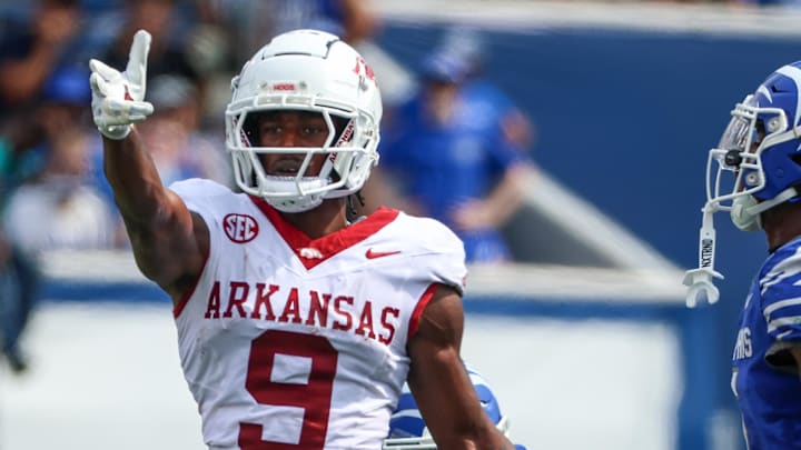 Arkansas Razorbacks wide receiver O'Mega Blake (9) reacts after a first down against the Memphis Tigers during the second half at Simmons Bank Liberty Stadium. Arkansas Razorbacks wide receiver O'Mega Blake (9) reacts after a first down against the Memphis Tigers during the second half at Simmons Bank Liberty Stadium.