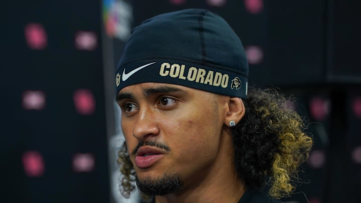 Jul 9, 2025; Frisco, TX, USA; Colorado quarterback Julian Lewis speaks with the media during 2025 Big 12 Football Media Days at The Star. Mandatory Credit: Raymond Carlin III-Imagn Images