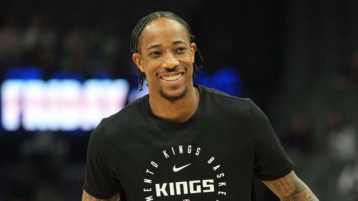 Apr 11, 2025; Sacramento, California, USA; Sacramento Kings forward DeMar DeRozan (10) before the game against the Los Angeles Clippers at Golden 1 Center. Mandatory Credit: Darren Yamashita-Imagn Images