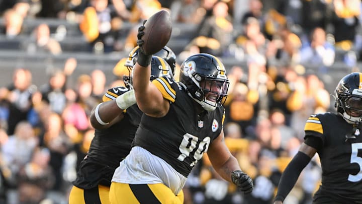 Nov 2, 2025; Pittsburgh, Pennsylvania, USA; Pittsburgh Steelers defensive tackle Derrick Harmon (99) celebrates with Jalen Ramsey (5) after recovering a fumble by Indianapolis Colts quarterback Daniel Jones (17) during the second half at Acrisure Stadium. Mandatory Credit: Barry Reeger-Imagn Images