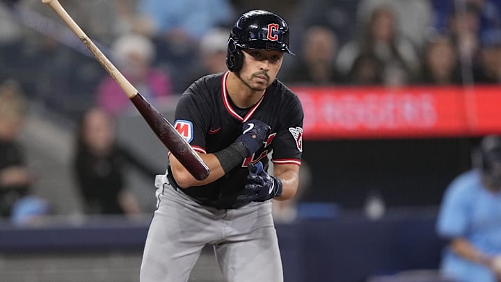 May 4, 2025; Toronto, Ontario, CAN; Cleveland Guardians left fielder Steven Kwan (38) tosses his bat as he is walked during the ninth inning against the Toronto Blue Jays at Rogers Centre. Mandatory Credit: John E. Sokolowski-Imagn Images May 4, 2025; Toronto, Ontario, CAN; Cleveland Guardians left fielder Steven Kwan (38) tosses his bat as he is walked during the ninth inning against the Toronto Blue Jays at Rogers Centre. Mandatory Credit: John E. Sokolowski-Imagn Images