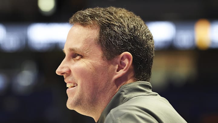 Jan 24, 2026; Pittsburgh, Pennsylvania, USA;  NC State Wolfpack head coach Will Wade reacts on the court against the Pittsburgh Panthers during the second half at the Petersen Events Center. Mandatory Credit: Charles LeClaire-Imagn Images