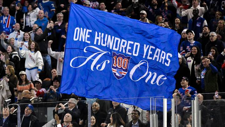 Nov 16, 2025; New York, New York, USA; General view of a flag being waved by New York Rangers staff during the second period against the Detroit Red Wings at Madison Square Garden. Nov 16, 2025; New York, New York, USA; General view of a flag being waved by New York Rangers staff during the second period against the Detroit Red Wings at Madison Square Garden.