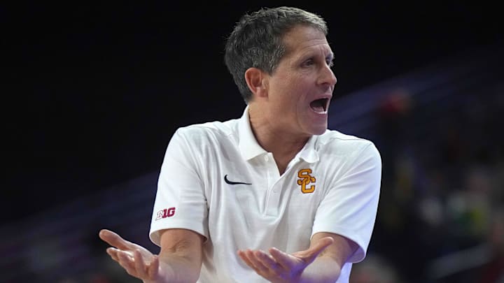 Feb 11, 2025; Los Angeles, California, USA; Southern California Trojans head coach Eric Musselman reacts during the game against the Penn State Nittany Lions at Galen Center. Mandatory Credit: Kirby Lee-Imagn Images