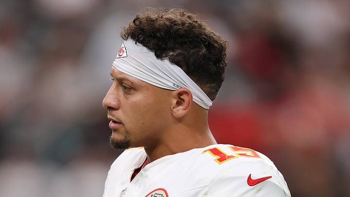 Oct 4, 2026; Paradise, Nevada, USA; Kansas City Chiefs quarterback Patrick Mahomes (15) walks on the field during a break in the game against the Las Vegas Raiders at Allegiant Stadium. Mandatory Credit: David Brytus-Imagn Images