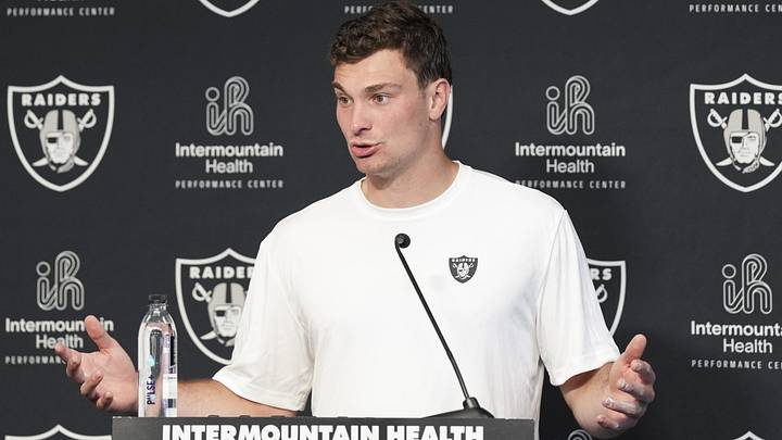 Las Vegas Raiders quarterback Fernando Mendoza speaks during a news conference at the team’s Rookie Minicamp. Las Vegas Raiders quarterback Fernando Mendoza speaks during a news conference at the team’s Rookie Minicamp.
