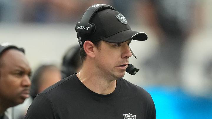 Sep 20, 2026; Inglewood, California, USA;  Las Vegas Raiders head coach Klint Kubiak looks on against the Los Angeles Chargers during the second half at SoFi Stadium.  Mandatory Credit: Kirby Lee-Imagn Images