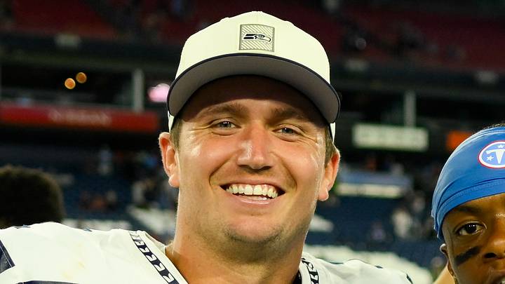 Seattle Seahawks quarterback Drew Lock poses post-game at Nissan Stadium