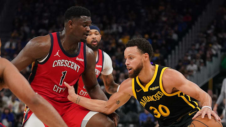 Jan 10, 2024; San Francisco, California, USA; Golden State Warriors guard Stephen Curry (30) dribbles the ball next to New Orleans Pelicans forward Zion Williamson (1) in the second quarter at the Chase Center. Mandatory Credit: Cary Edmondson-Imagn Images Jan 10, 2024; San Francisco, California, USA; Golden State Warriors guard Stephen Curry (30) dribbles the ball next to New Orleans Pelicans forward Zion Williamson (1) in the second quarter at the Chase Center. Mandatory Credit: Cary Edmondson-Imagn Images