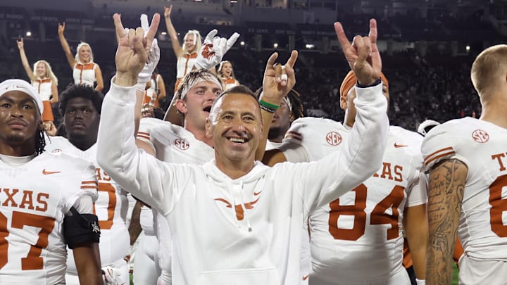 Texas Longhorns head coach Steve Sarkisian reacts after beating the Mississippi State Bulldogs in overtime at Davis Wade Stadium at Scott Field. Texas Longhorns head coach Steve Sarkisian reacts after beating the Mississippi State Bulldogs in overtime at Davis Wade Stadium at Scott Field.