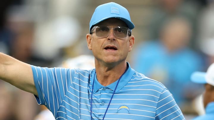 Los Angeles Chargers head coach Jim Harbaugh before the game against the Detroit Lions at Tom Benson Hall of Fame Stadium. Los Angeles Chargers head coach Jim Harbaugh before the game against the Detroit Lions at Tom Benson Hall of Fame Stadium.