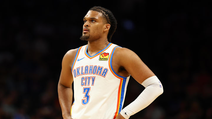 Apr 9, 2025; Phoenix, Arizona, USA; Oklahoma City Thunder forward Dillon Jones (3) against the Phoenix Suns at Footprint Center. Mandatory Credit: Mark J. Rebilas-Imagn Images Apr 9, 2025; Phoenix, Arizona, USA; Oklahoma City Thunder forward Dillon Jones (3) against the Phoenix Suns at Footprint Center. Mandatory Credit: Mark J. Rebilas-Imagn Images