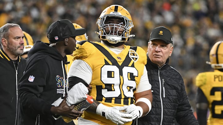 Oct 26, 2025; Pittsburgh, Pennsylvania, USA; Pittsburgh Steelers defensive tackle Daniel Ekuale (96) reacts after an apparent injury during the second quarter against the Green Bay Packersat Acrisure Stadium. Mandatory Credit: Barry Reeger-Imagn Images