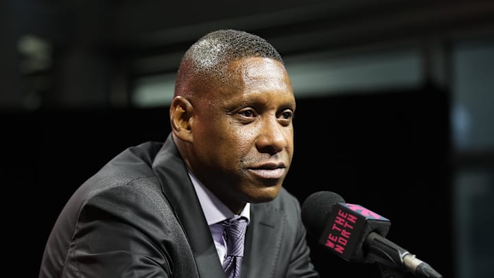 Sep 30, 2024; Toronto, Ontario, Canada; Toronto Raptors Vice-Chairman and Team President Masai Ujiri speaks to the media during media day at Scotiabank Area. Mandatory Credit: John E. Sokolowski-Imagn Images Sep 30, 2024; Toronto, Ontario, Canada; Toronto Raptors Vice-Chairman and Team President Masai Ujiri speaks to the media during media day at Scotiabank Area. Mandatory Credit: John E. Sokolowski-Imagn Images