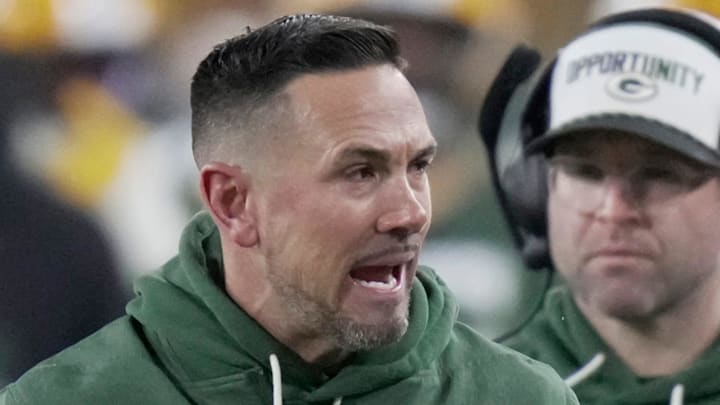 Green Bay Packers coach Matt LaFleur yells on the sideline during the loss to Baltimore.