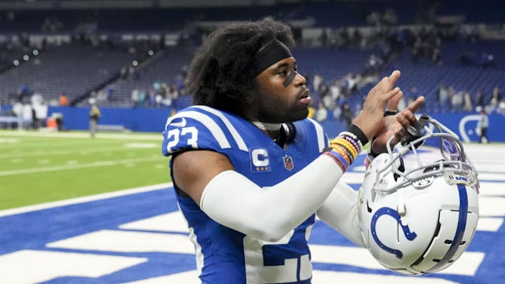 Jan 5, 2025; Indianapolis, Indiana, USA; Indianapolis Colts cornerback Kenny Moore II (23) leaves the field after defeating the Jacksonville Jaguars 26-23 in overtime at Lucas Oil Stadium. 