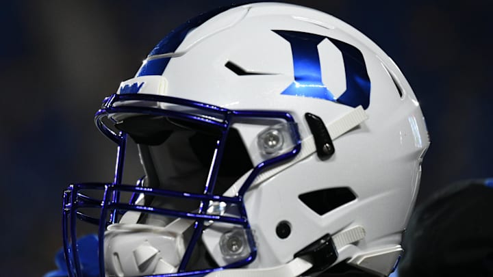 Sep 10, 2021; Durham, North Carolina, USA; A Duke Blue Devils helmet sits on an equipment chest during the third quarter of the game against the North Carolina A&T Aggies at Wallace Wade Stadium. Mandatory Credit: William Howard-Imagn Images