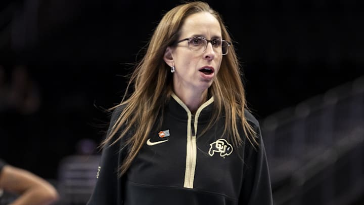 Mar 6, 2026; Kansas City, MO, USA; Colorado Buffaloes head coach JR Payne reacts to a play against the Baylor Bears during the first half at T-Mobile Center. Mar 6, 2026; Kansas City, MO, USA; Colorado Buffaloes head coach JR Payne reacts to a play against the Baylor Bears during the first half at T-Mobile Center.