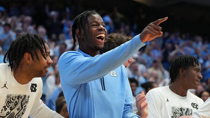 Feb 23, 2026; Chapel Hill, North Carolina, USA; North Carolina Tar Heels forward Caleb Wilson (8) and the bench react in the second half at Dean E. Smith Center. Mandatory Credit: Bob Donnan-Imagn Images