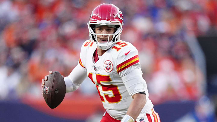 Nov 16, 2025; Denver, Colorado, USA; Kansas City Chiefs quarterback Patrick Mahomes (15) scrambles with the ball in the third quarter against the Denver Broncos at Empower Field at Mile High. Mandatory Credit: Ron Chenoy-Imagn Images Nov 16, 2025; Denver, Colorado, USA; Kansas City Chiefs quarterback Patrick Mahomes (15) scrambles with the ball in the third quarter against the Denver Broncos at Empower Field at Mile High. Mandatory Credit: Ron Chenoy-Imagn Images