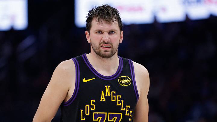 Apr 2, 2026; Oklahoma City, Oklahoma, USA; Los Angeles Lakers guard Luka Doncic (77) reacts after a play against the Oklahoma City Thunder during the second half at Paycom Center. Mandatory Credit: Alonzo Adams-Imagn Images