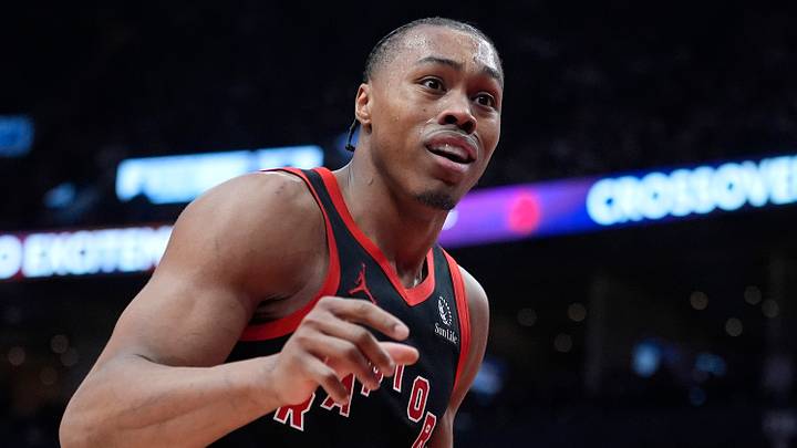 Apr 23, 2026; Toronto, Ontario, CAN; Toronto Raptors guard Scottie Barnes (4) reacts after a play against the Cleveland Cavaliers during the second half of game three of the first round of the 2026 NBA Playoffs at Scotiabank Arena. Mandatory Credit: John E. Sokolowski-Imagn Images