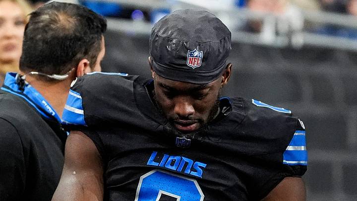 Detroit Lions cornerback Terrion Arnold (0) is carted off the field during the second half against Minnesota Vikings 
