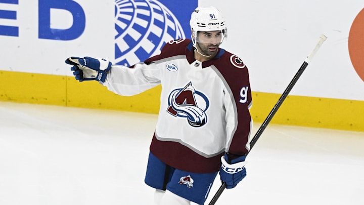 Mar 20, 2026; Chicago, Illinois, USA;  Colorado Avalanche center Nazem Kadri (91) celebrates after he scores a goal against the Chicago Blackhawks during the third period at United Center. Mandatory Credit: Matt Marton-Imagn Images