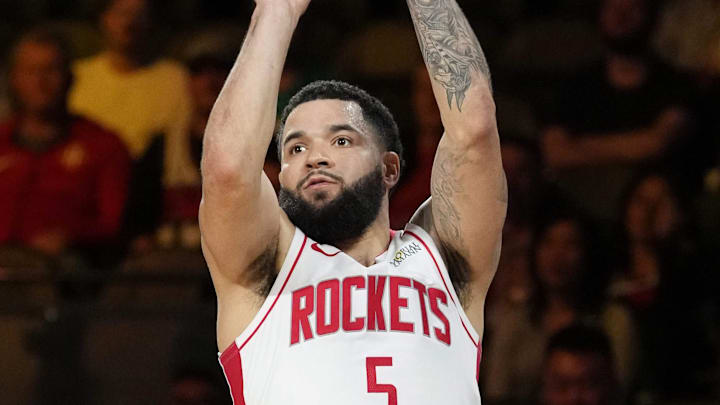 Dec 14, 2024; Las Vegas, Nevada, USA; Houston Rockets guard Fred VanVleet (5) shoots against the Oklahoma City Thunder during the fourth quarter in a semifinal of the 2024 Emirates NBA Cup at T-Mobile Arena. Mandatory Credit: Kyle Terada-Imagn Images