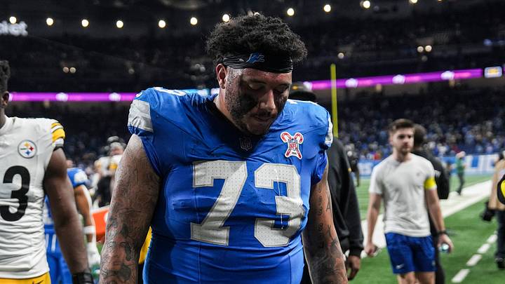 Detroit Lions guard Christian Mahogany (73) walks off the field after 29-24 loss to Pittsburgh Steelers at Ford Field in Detroit on Sunday, Dec. 21, 2025.