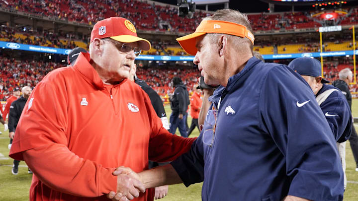 Oct 12, 2023; Kansas City, Missouri, USA; Kansas City Chiefs head coach Andy Reid shakes hands with Denver Broncos head coach Sean Payton after the game at GEHA Field at Arrowhead Stadium. Mandatory Credit: Denny Medley-Imagn Images
